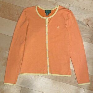 EUC Vintage LRL Silk Contrast Trim Cardigan Peach Yellow Large